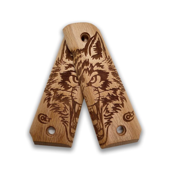 1911 Double Wolf Engraved Beechwood Grips - Image 4