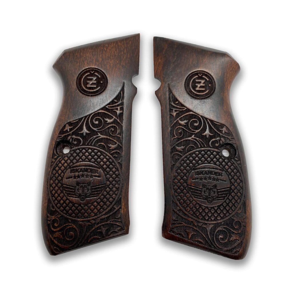 Transform Your CZ 75 with Stunning Detail - Beech Wood CZ 75 Grips Ornate Scrollwork with Emblem