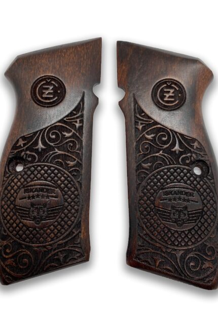Transform Your CZ 75 with Stunning Detail - Beech Wood CZ 75 Grips Ornate Scrollwork with Emblem