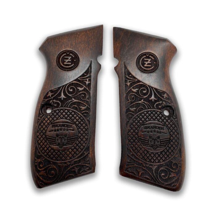 Transform Your Cz 75 With Stunning Detail - Beech Wood Cz 75 Grips Ornate Scrollwork With Emblem
