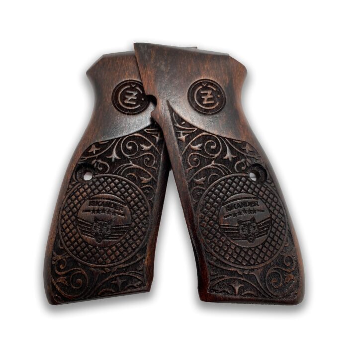 Beech Wood Cz 75 Grips Ornate Scrollwork With Emblem : Transform Your Cz 75 With Stunning Detail - Image 4