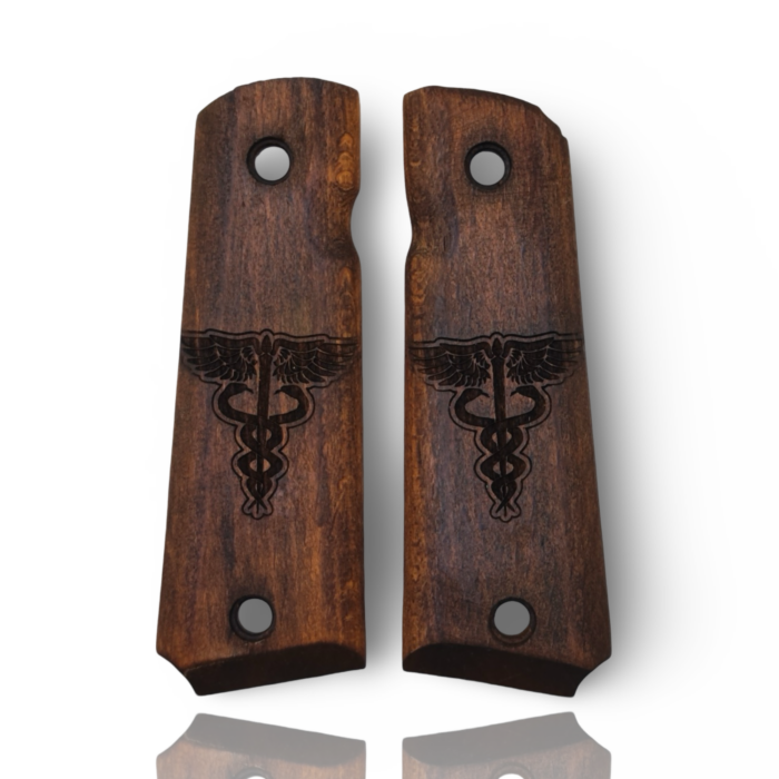 Beech Wood Pistol Grip For Colt 1911 - Caduceus Emblem - Image 1