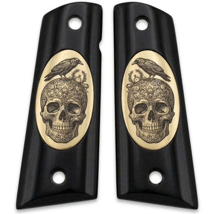 Colt 1911 Hardwood Grip | Raven On Skull Engraved | Zib Grips