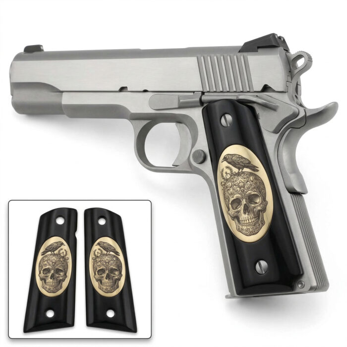 Colt 1911 Hardwood Grip | Raven On Skull Engraved | Zib Grips