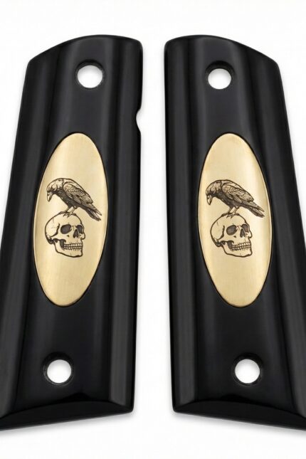 Colt 1911 Hardwood Pistol Grip — Raven & Skull Vanitas Logo — ZIB Grips