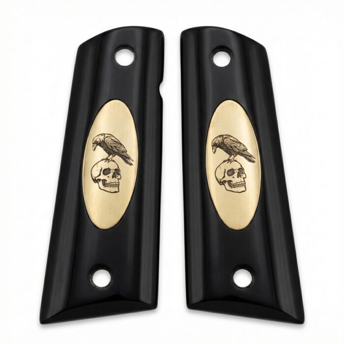 Colt 1911 Hardwood Pistol Grip — Raven &Amp;Amp; Skull Vanitas Logo — Zib Grips