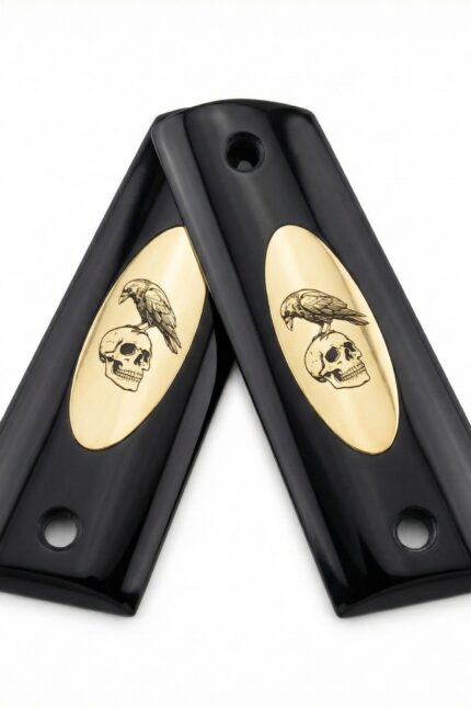 Colt 1911 Hardwood Pistol Grip — Raven & Skull Vanitas Logo — ZIB Grips