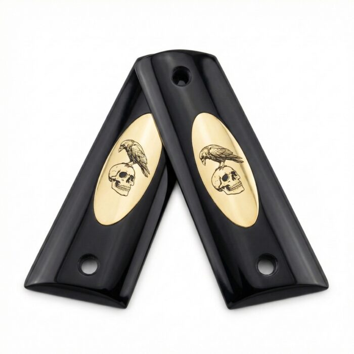 Colt 1911 Hardwood Pistol Grip — Raven &Amp; Skull Vanitas Logo — Zib Grips