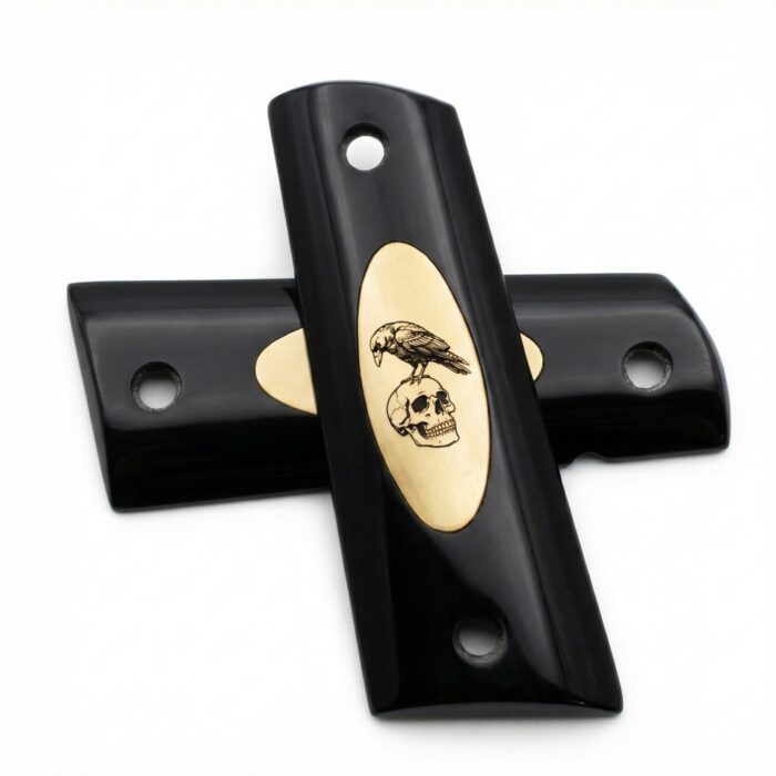 Colt 1911 Hardwood Pistol Grip — Raven &Amp; Skull Vanitas Logo — Zib Grips