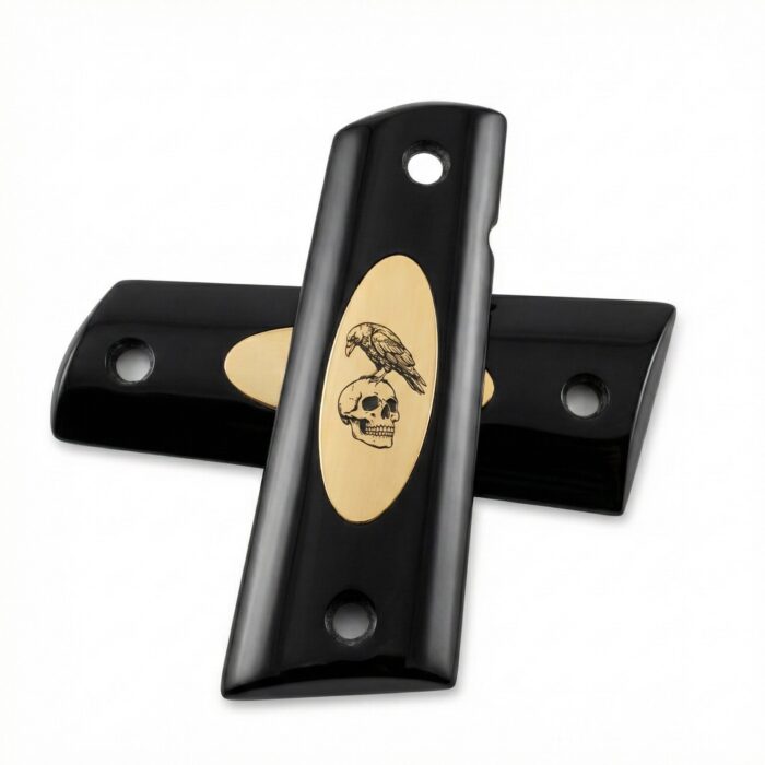 Colt 1911 Hardwood Pistol Grip — Raven &Amp; Skull Vanitas Logo — Zib Grips